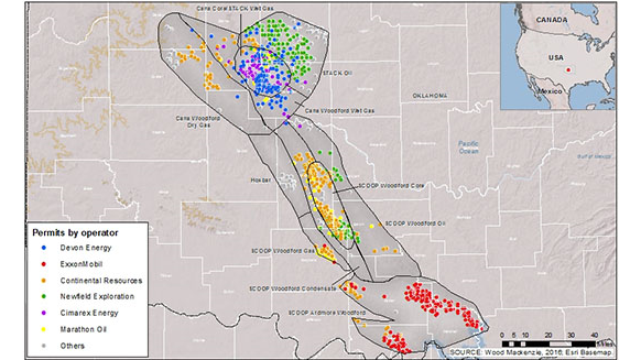 Location of Stack and SCOOP plays in the Oklahoma basins.