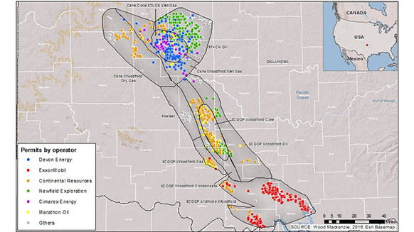 Location of Stack and SCOOP plays in the Oklahoma basins